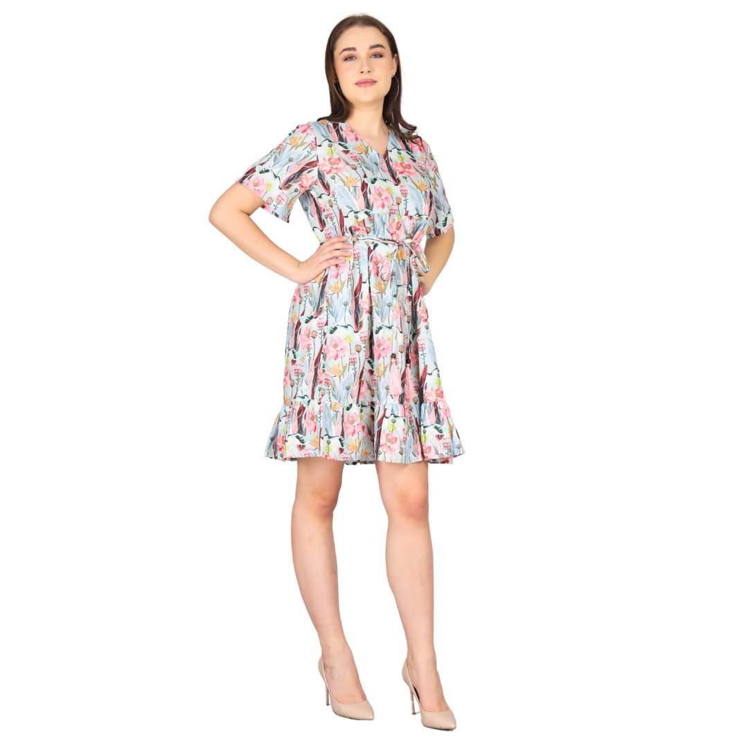 Cotton Dobby Digital Print V Neck Panel Dress